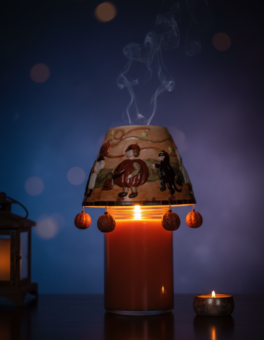 Halloween candle shade with hand-painted decorations in atmospheric setting